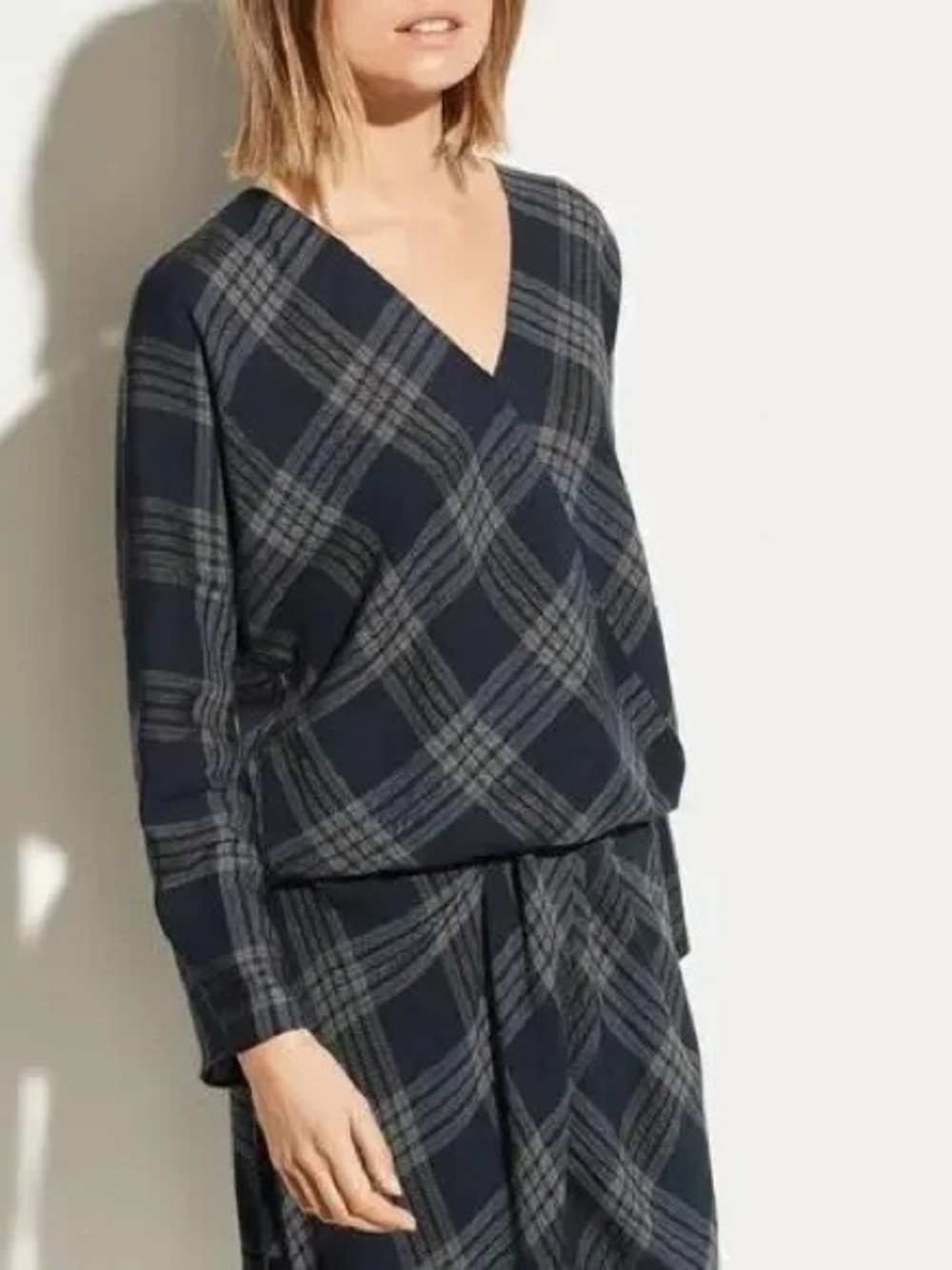 Vince Plaid V Neck Crossover Blouse